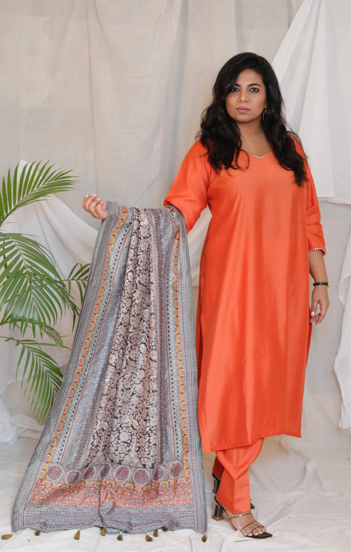 RANI - 3pc Crape Silk Kurta with Pajama Pant and Dupion silk dupatta- CORAL ORANGE