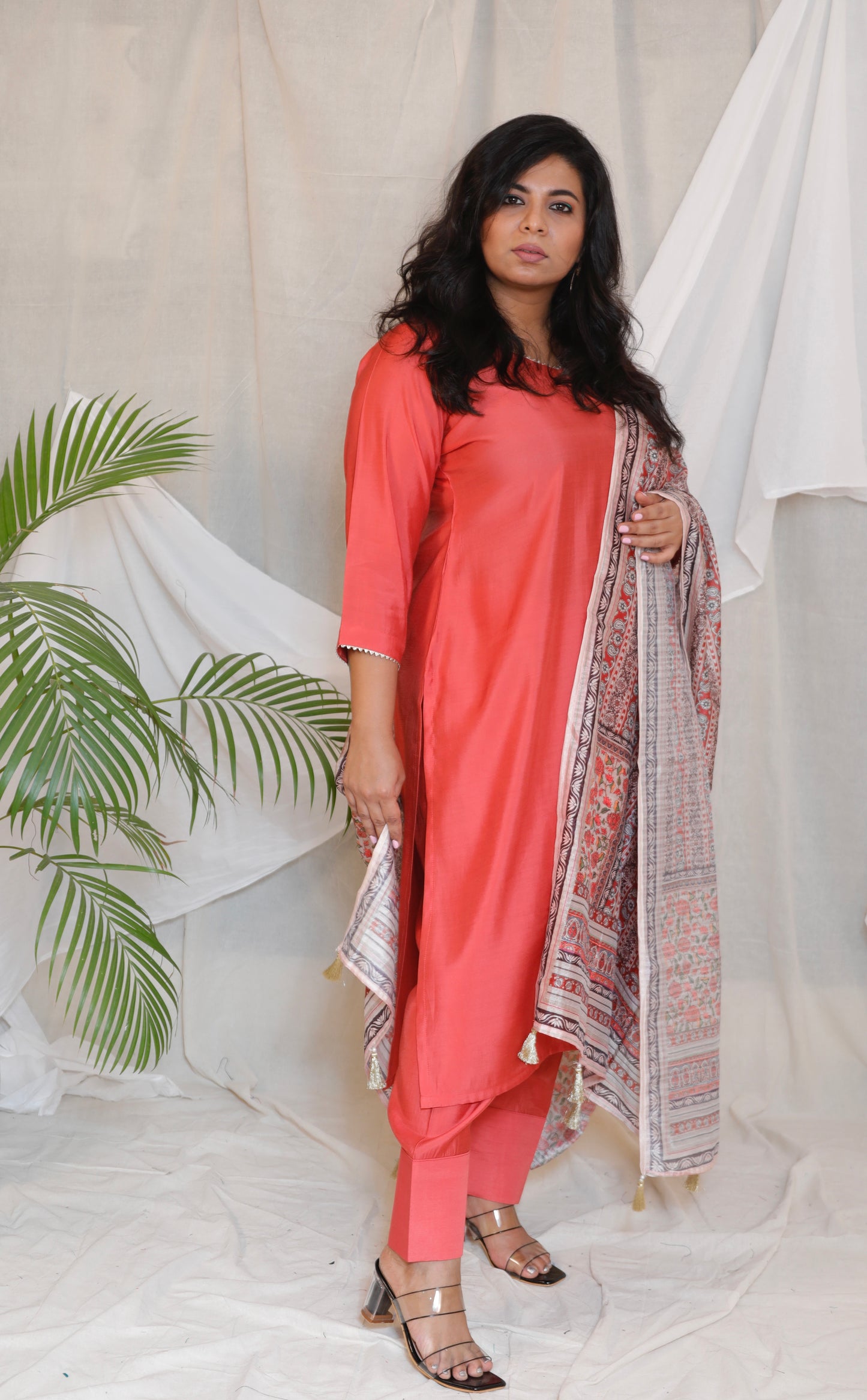 RANI - 3pc Crape Silk Kurta with Pajama Pant and Dupion silk dupatta - SALMON PINK