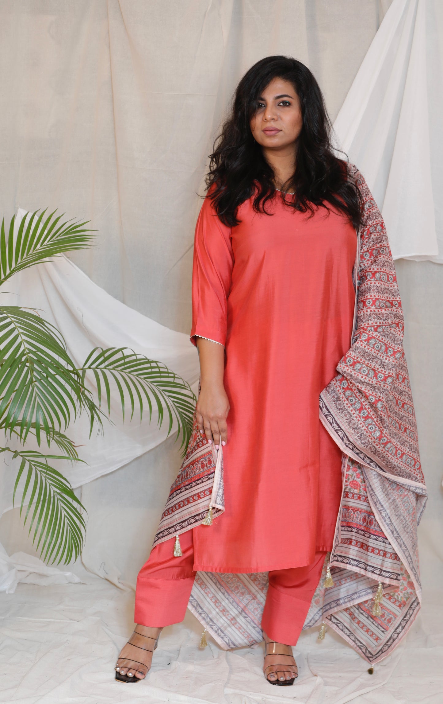 RANI - 3pc Crape Silk Kurta with Pajama Pant and Dupion silk dupatta - SALMON PINK