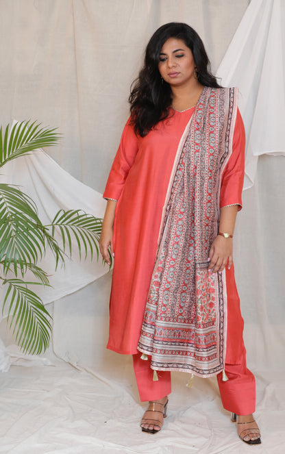 RANI - 3pc Crape Silk Kurta with Pajama Pant and Dupion silk dupatta - SALMON PINK