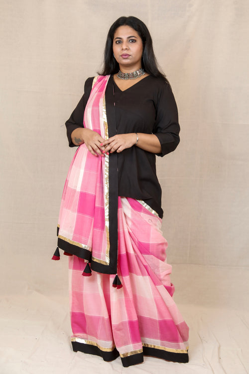 RIDHI - Mul Mul Cotton Saree - Pink Checks+ Kurti Optional